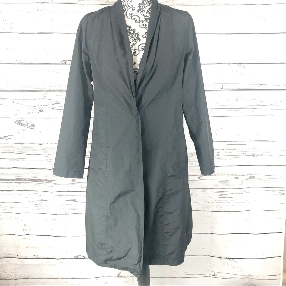 Eileen Fisher Black One Button Long Coat Organic Cotton Nylon
